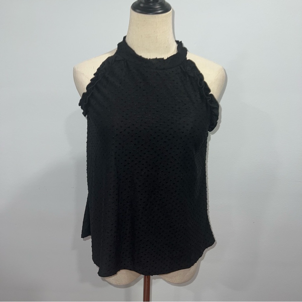 Who Wear What When Where Black Ruffled Textured Dotted Sleeveless Top - Reemoly
